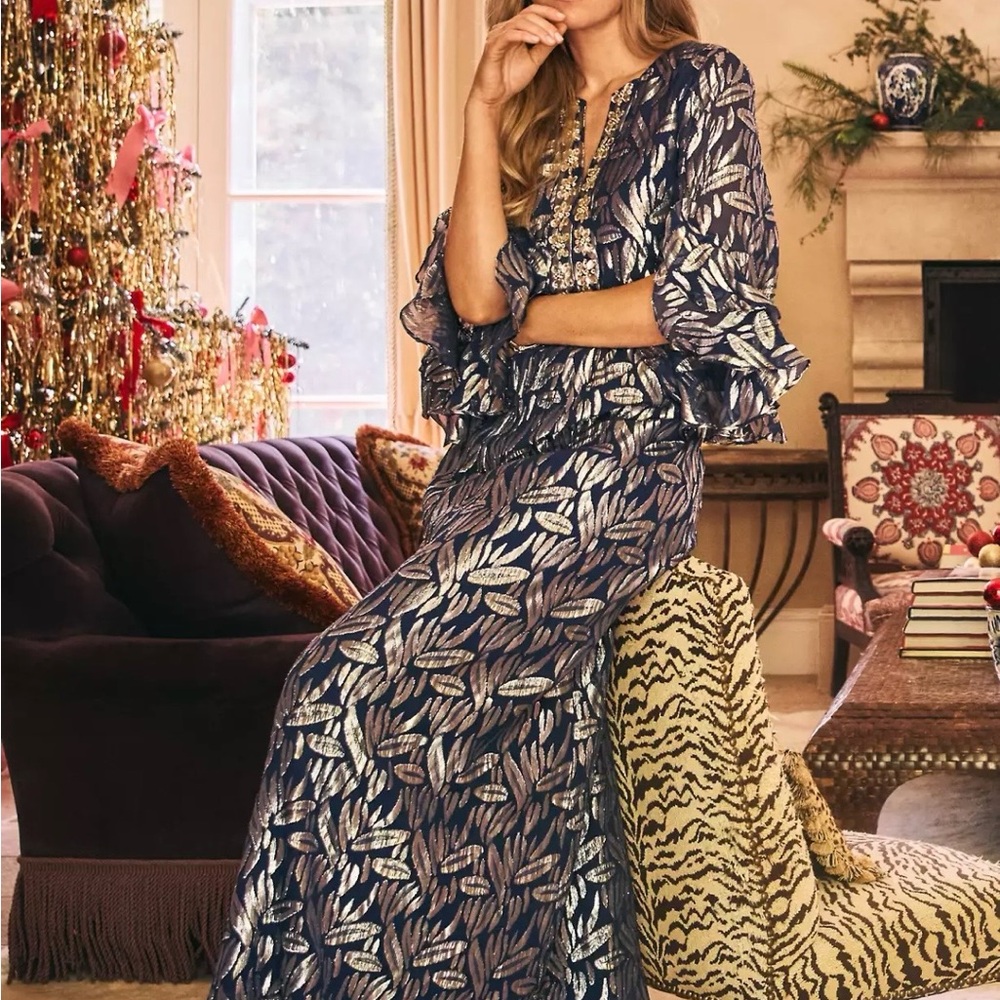 Lilly Pulitzer Navy Maxi Dress with Gold Leaf Motif
